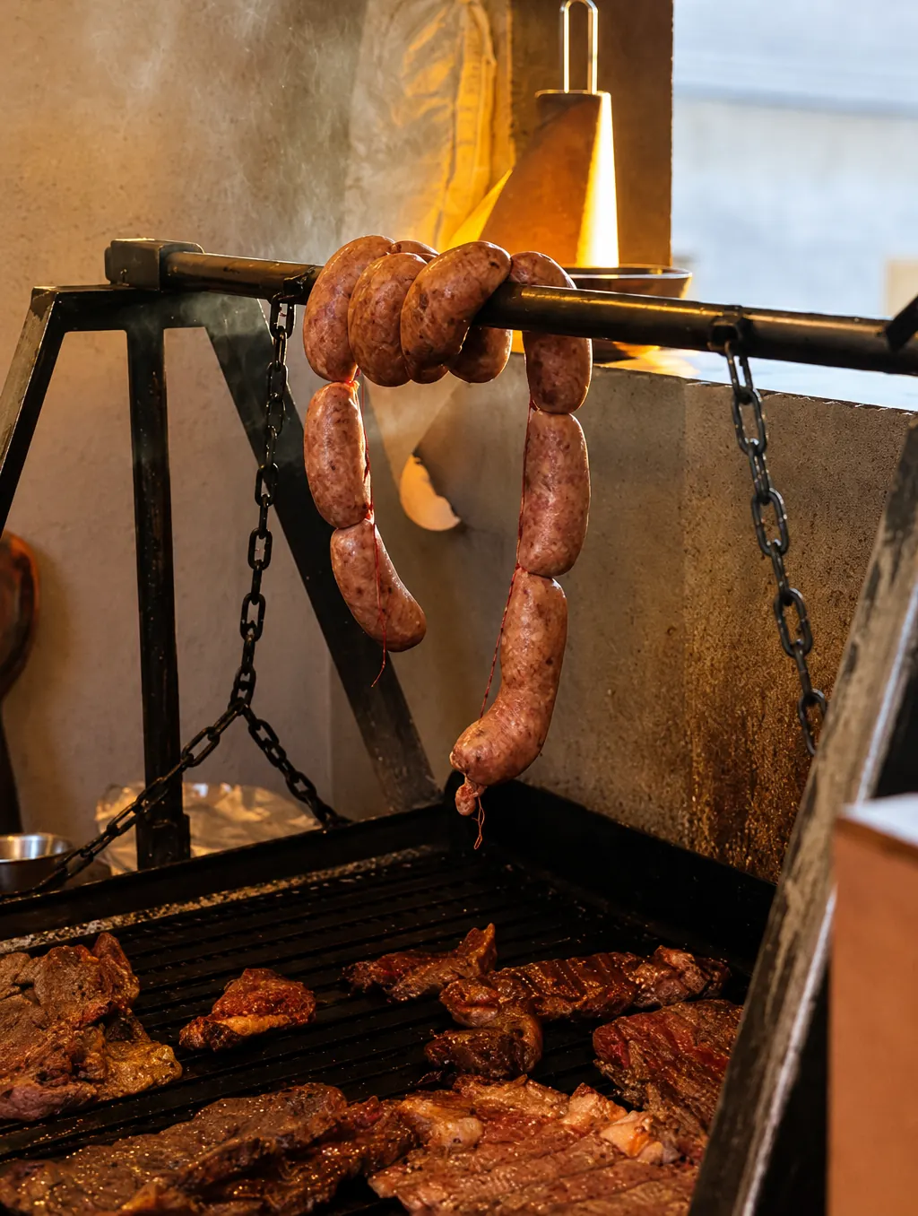 La parrilla de D’ASADA encendida, con cortes y chorizos al carbón